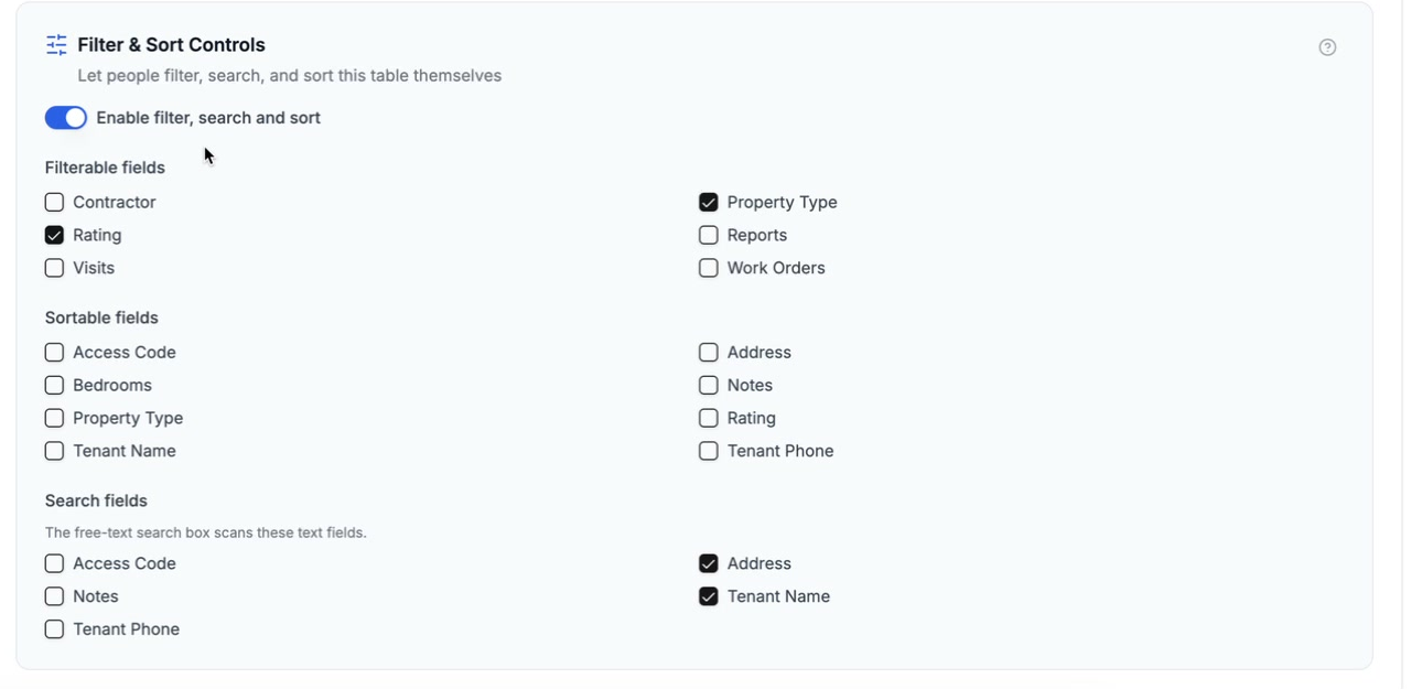 The Filter & Sort Controls card on the Display tab, with the enable toggle on and Rating, Property Type, Address and Tenant Name chosen across the filterable, sortable and search field lists
