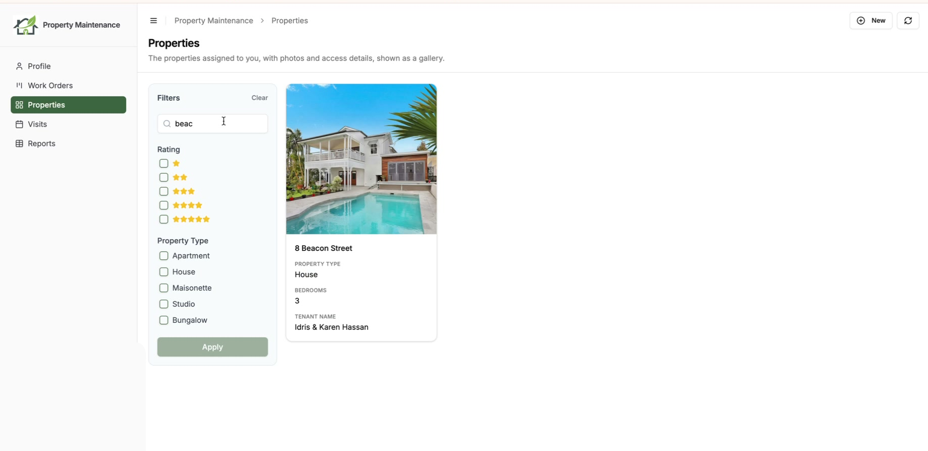 A portal gallery page with a Filters panel on the left containing a search box, Rating stars and Property Type checkboxes, narrowed by a search to a single matching property card