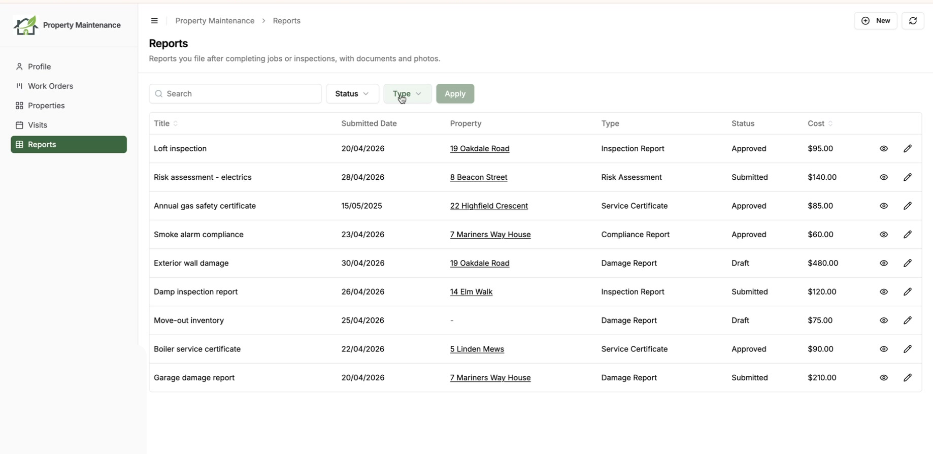 A portal table page with a toolbar above it holding a search box, Status and Type filter buttons and an Apply button