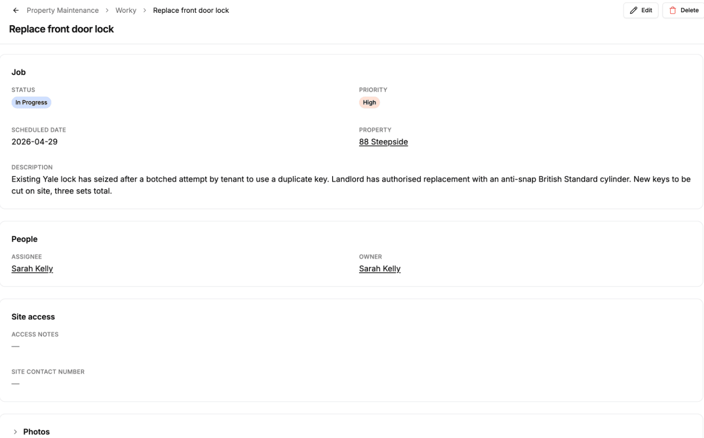 A work order's detail page in the portal with its fields grouped into Job, People and Site access sections, each in its own card, and a collapsed Photos section below