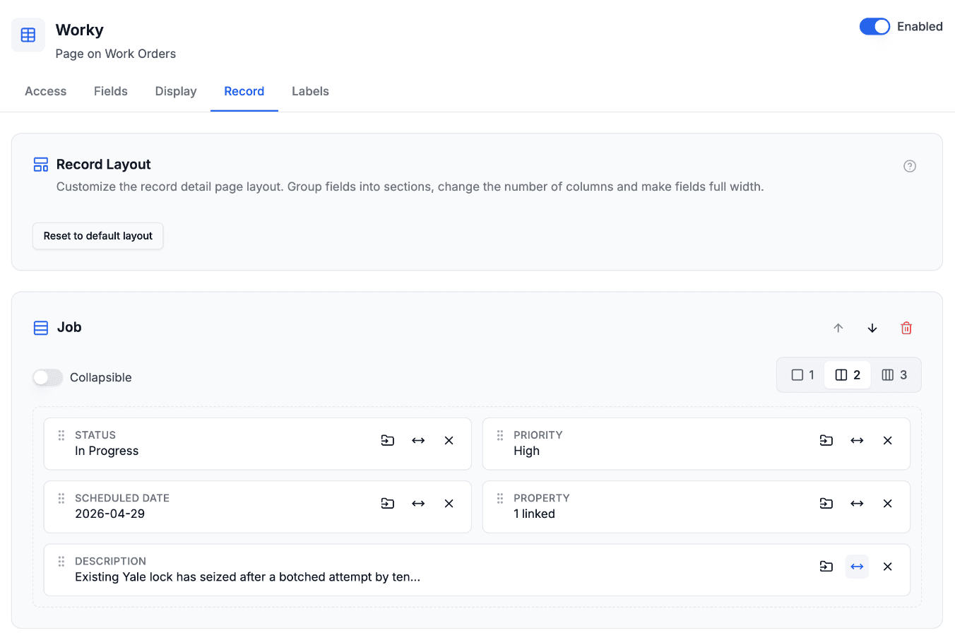 The Record tab in the portal editor, with the Record Layout card at the top and a Job section below showing Status, Priority, Scheduled Date, Property and a full-width Description