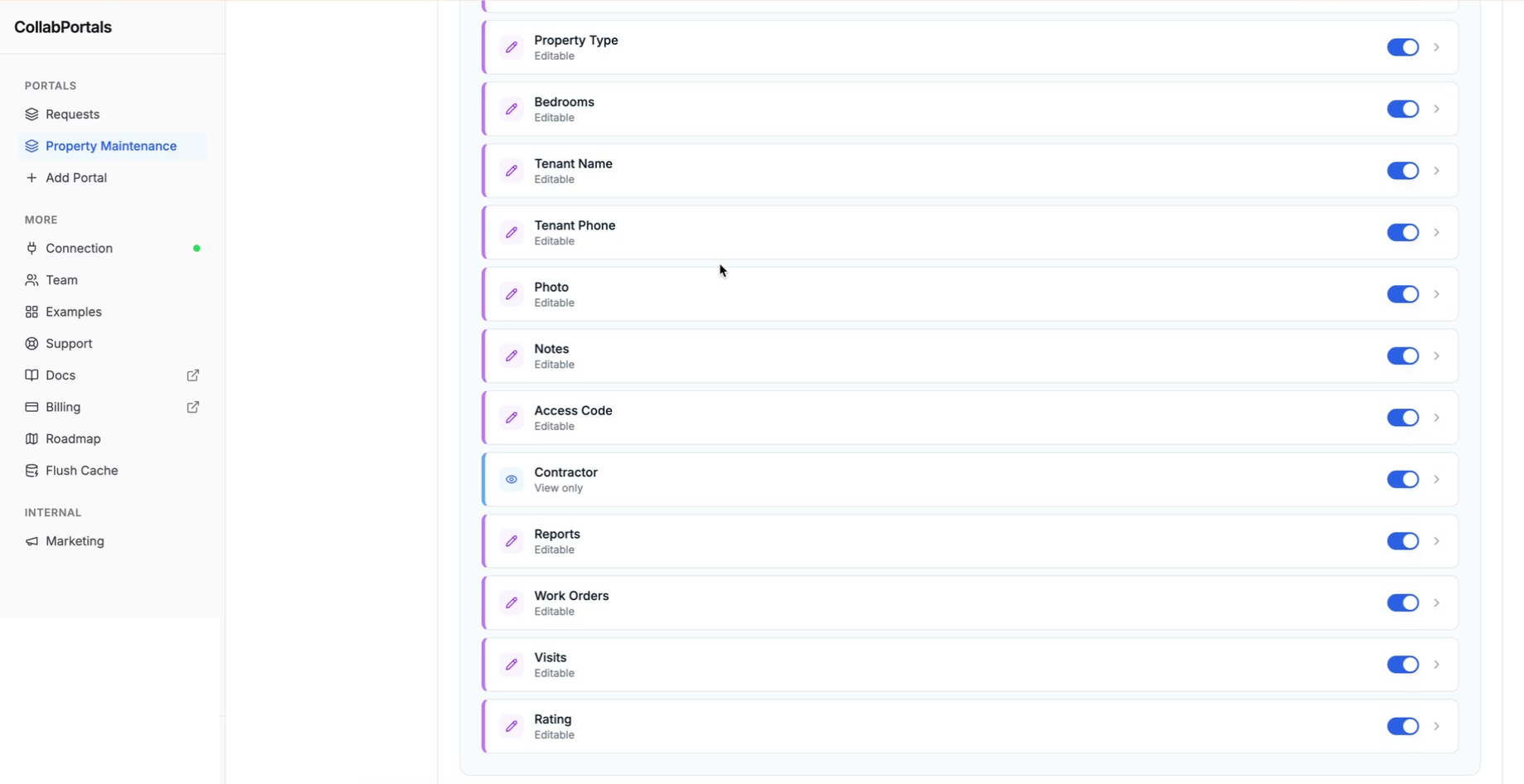 The Properties table field list in the portal admin, showing the Work Orders linked record field among the other fields