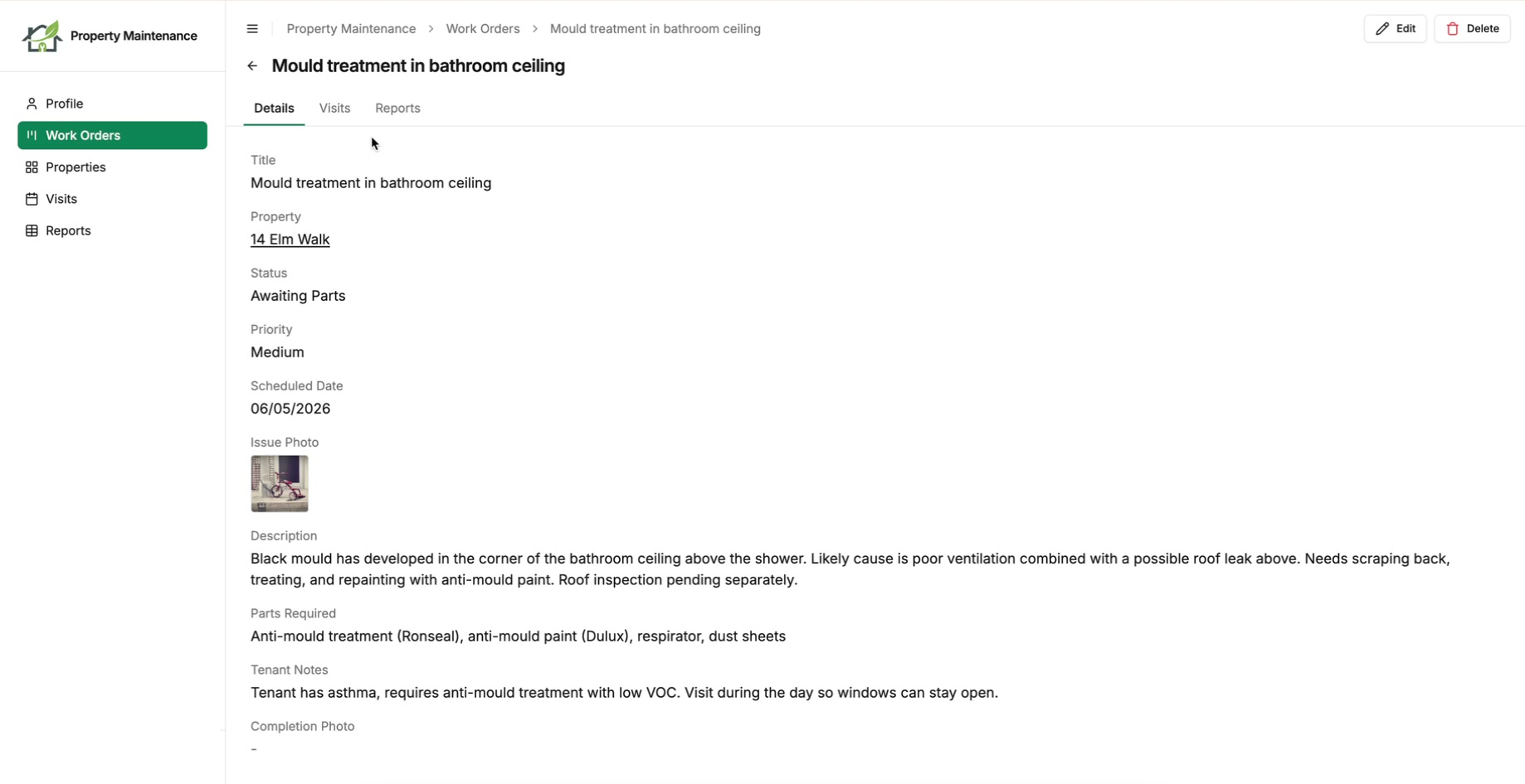 A work order detail page with Details, Visits and Reports tabs, opened from inside a property