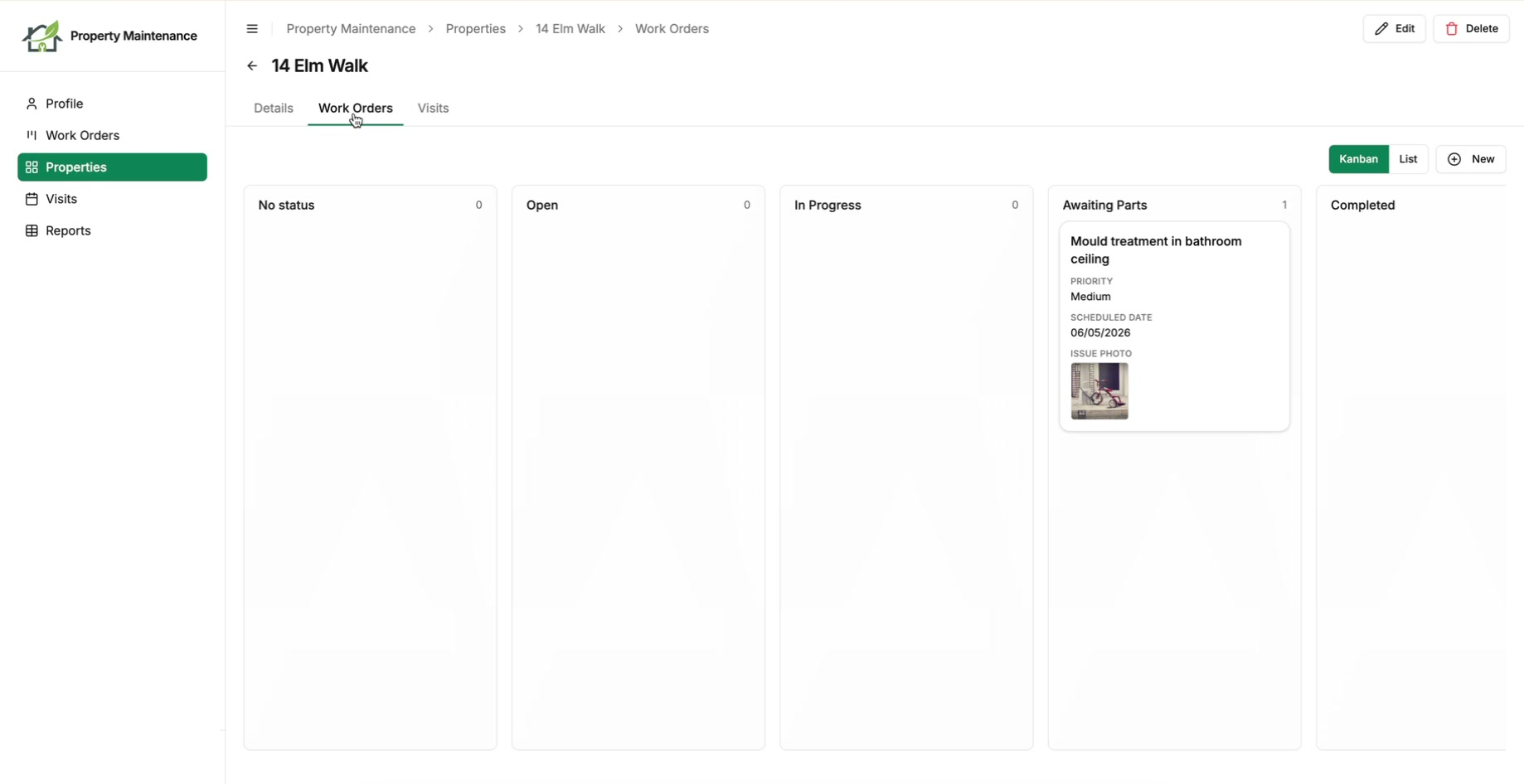 A property's detail page in the portal with Details, Work Orders and Visits tabs, the Work Orders tab showing that property's work orders as a kanban board
