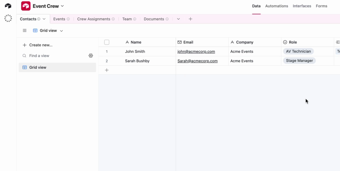 An Airtable Contacts table with a single select Role field, showing John Smith as AV Technician and Sarah Bushby as Stage Manager