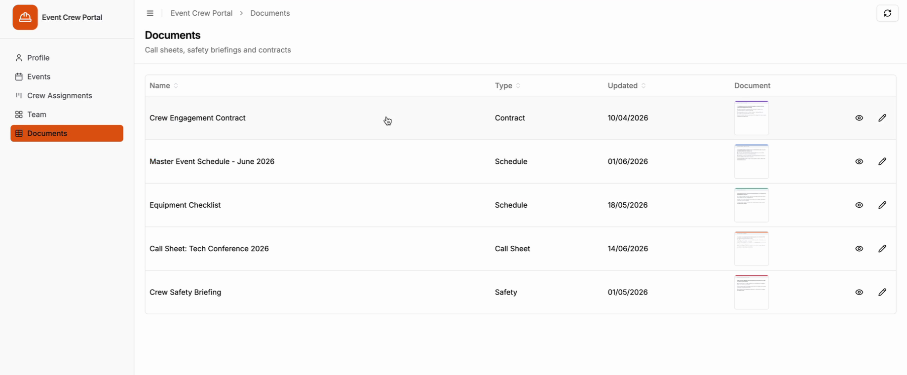 The portal previewed as a stage manager, with the Documents table open and showing call sheets, schedules and contracts