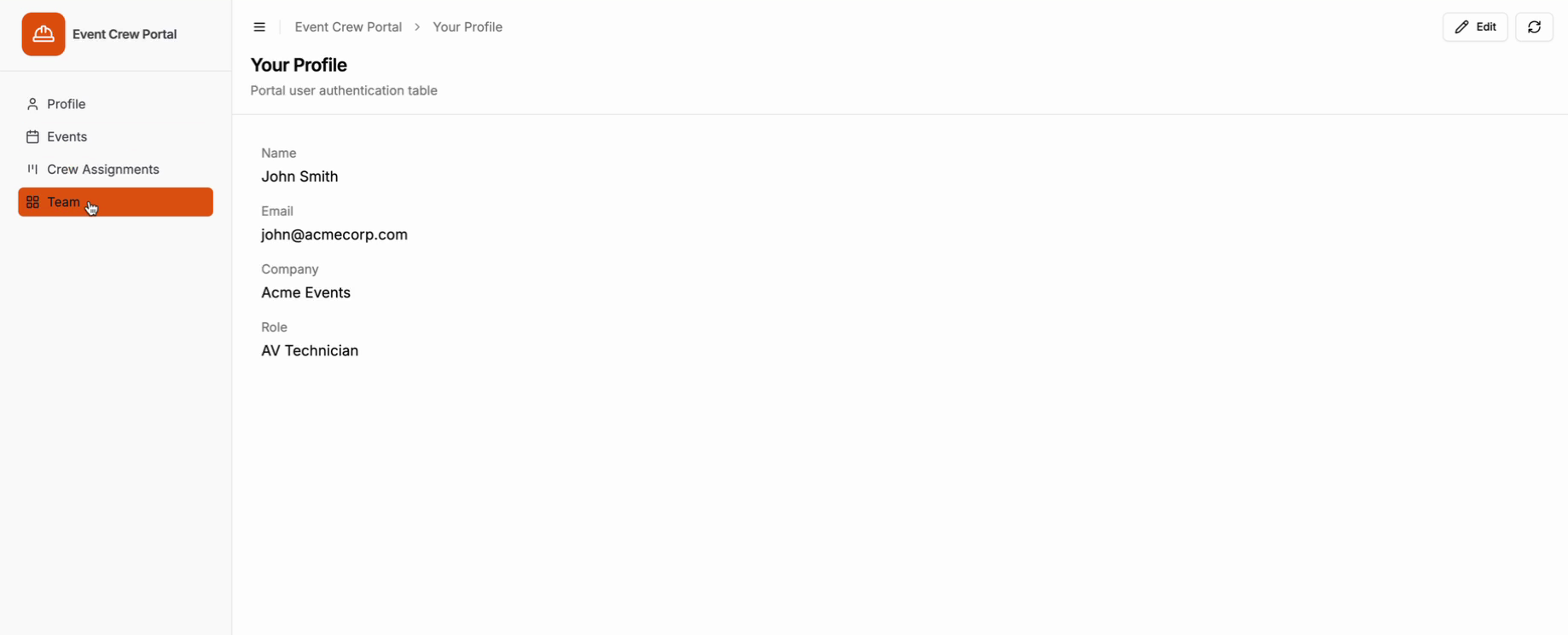 The portal previewed as a technician, whose sidebar lists Profile, Events, Crew Assignments and Team but no Documents