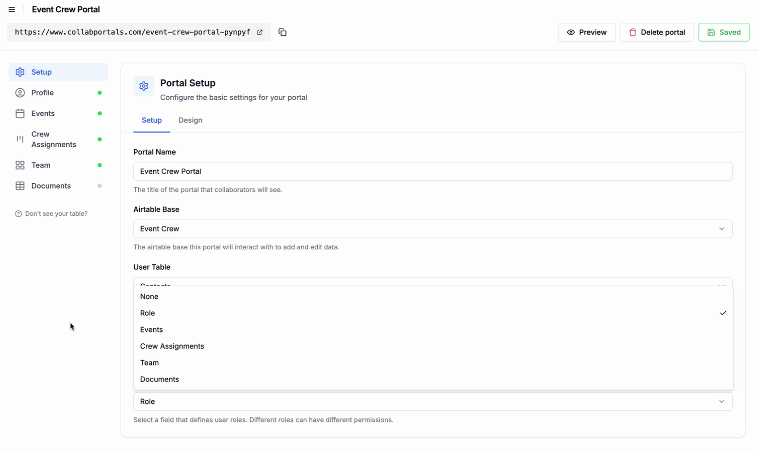 The portal Setup tab with the Role Field dropdown open, showing the Role field selected from the user table