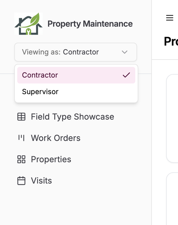 A portal sidebar with a Viewing as Contractor dropdown open, listing Contractor with a tick and Supervisor below it