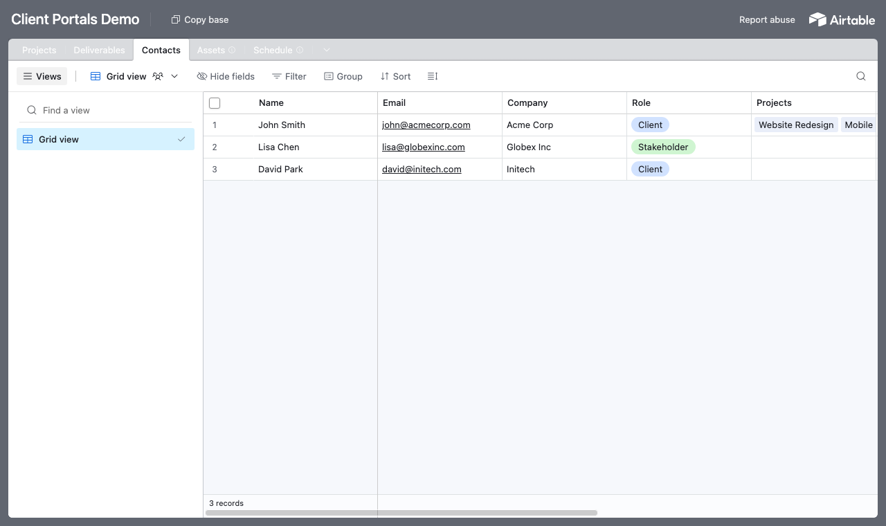The Client Portals Airtable base with tables for projects, deliverables, contacts, assets and schedule