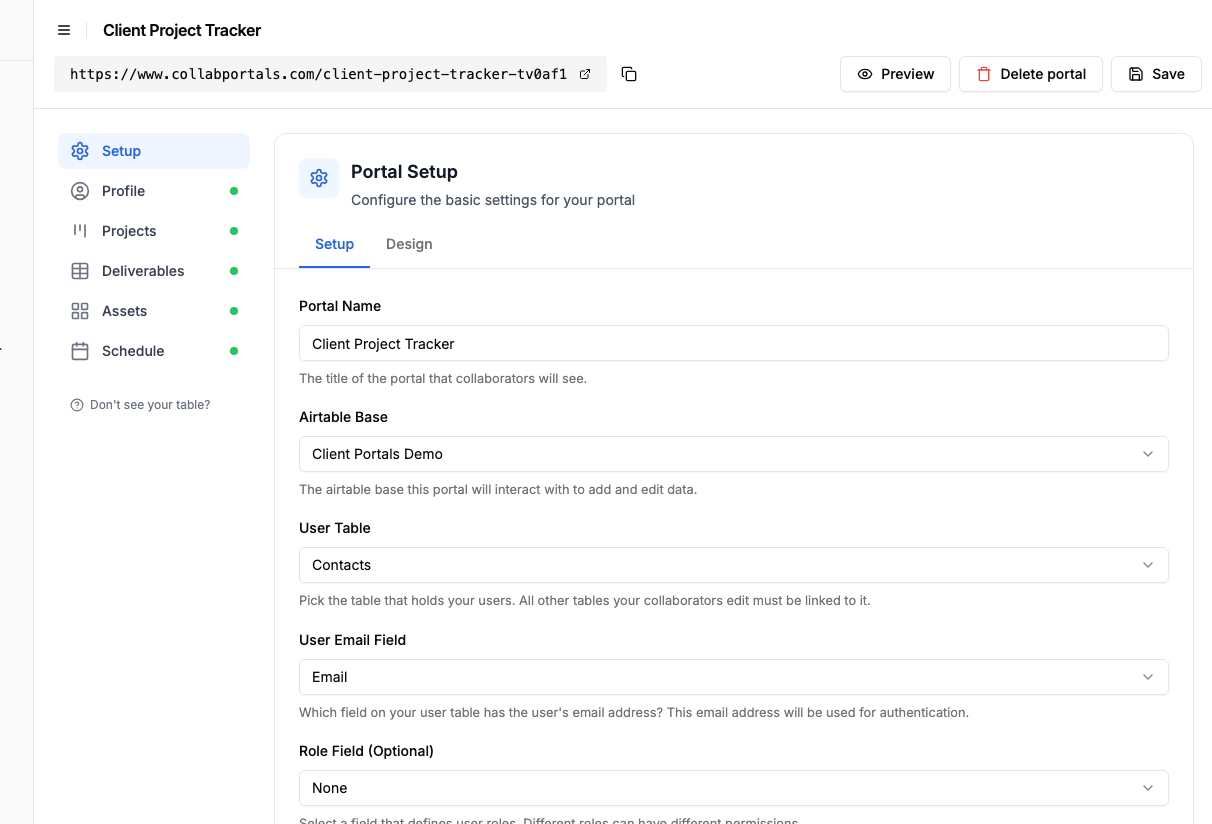 Portal setup screen with the Client Portals base and the Contacts user table selected
