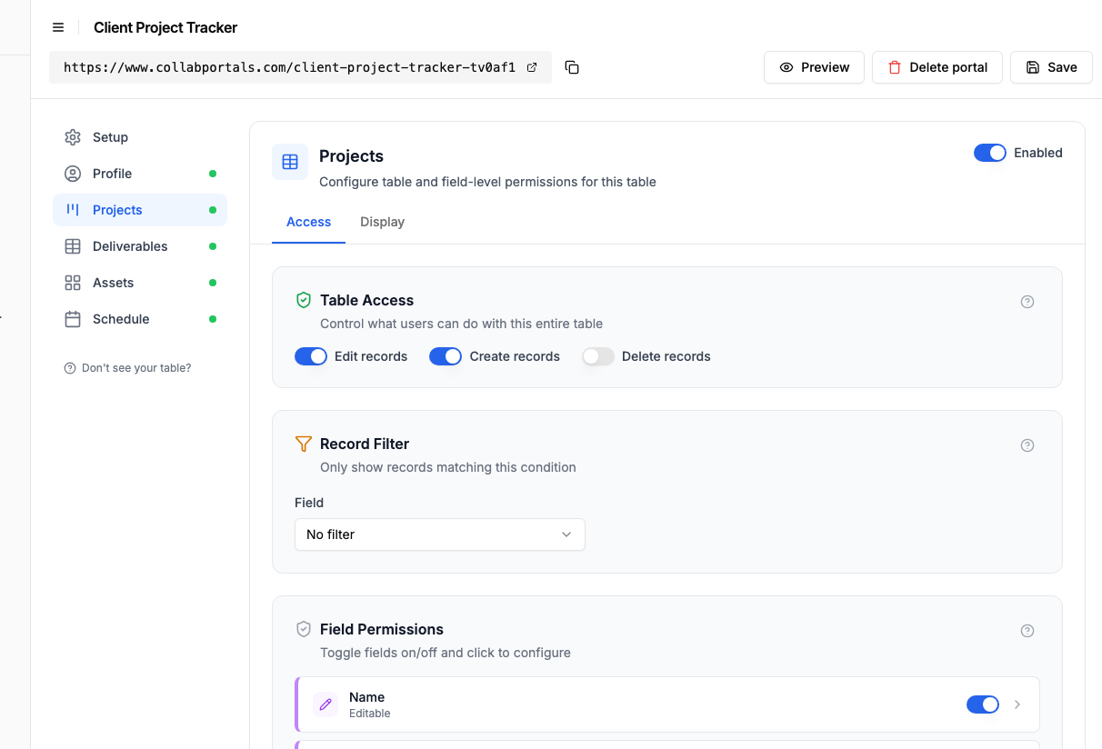 Access settings for the Projects table with create and edit enabled and delete off