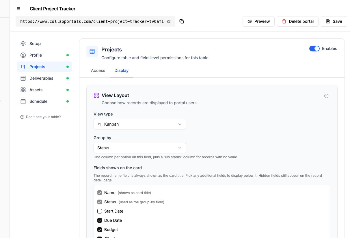 View layout settings showing the Projects table set to a kanban grouped by status
