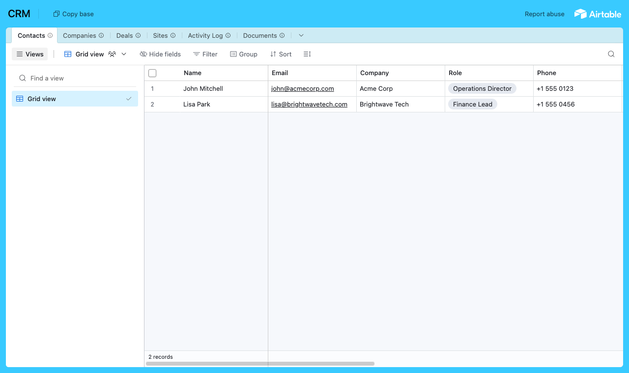 The CRM Airtable base with tables for companies, deals, sites, activity log and contacts