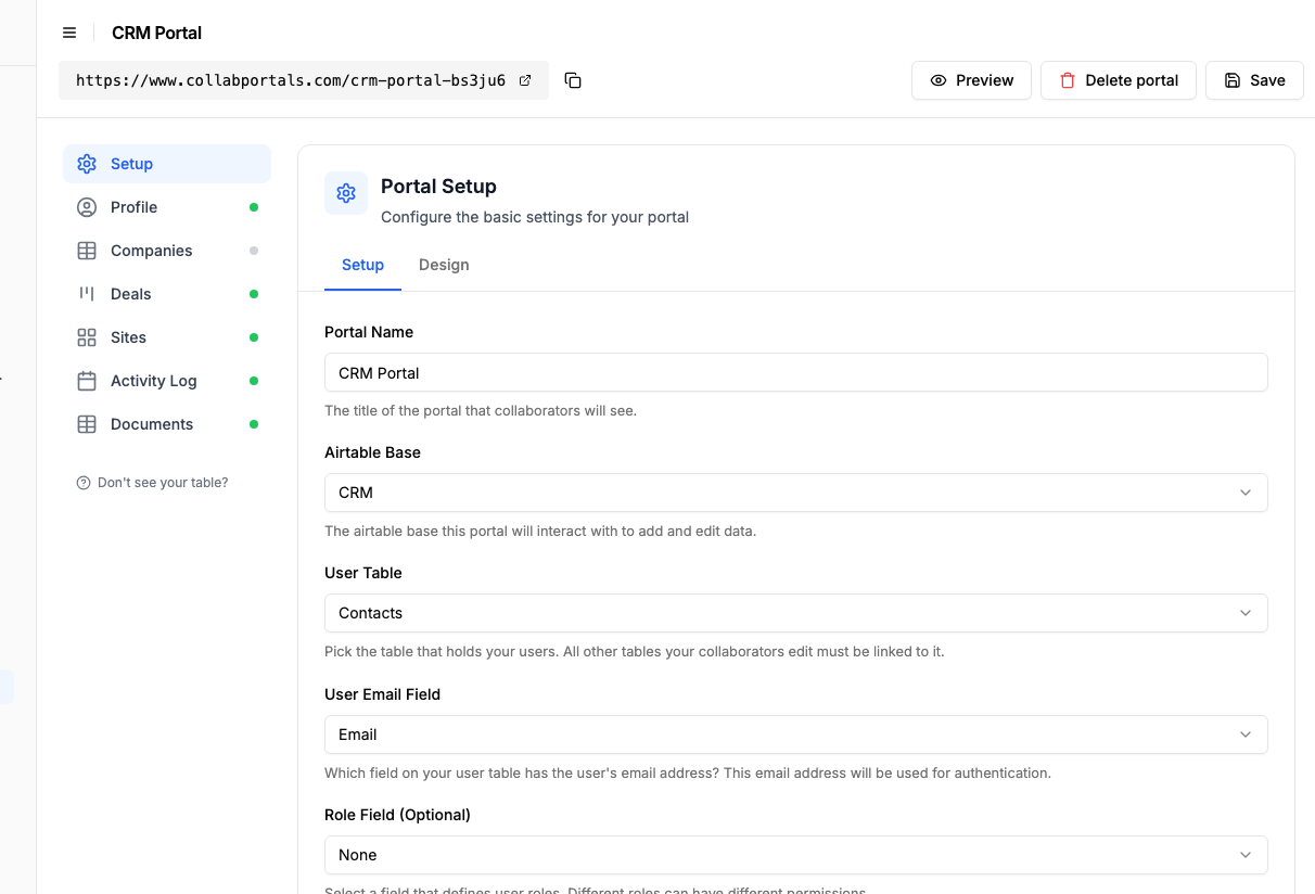 Portal setup screen with the CRM base and the Contacts user table selected