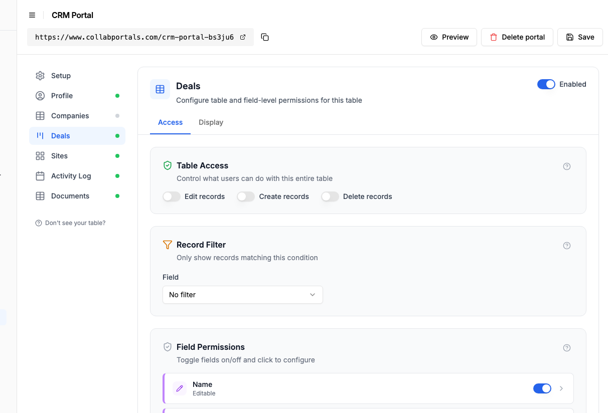 Access and field settings for the Deals table with internal fields hidden