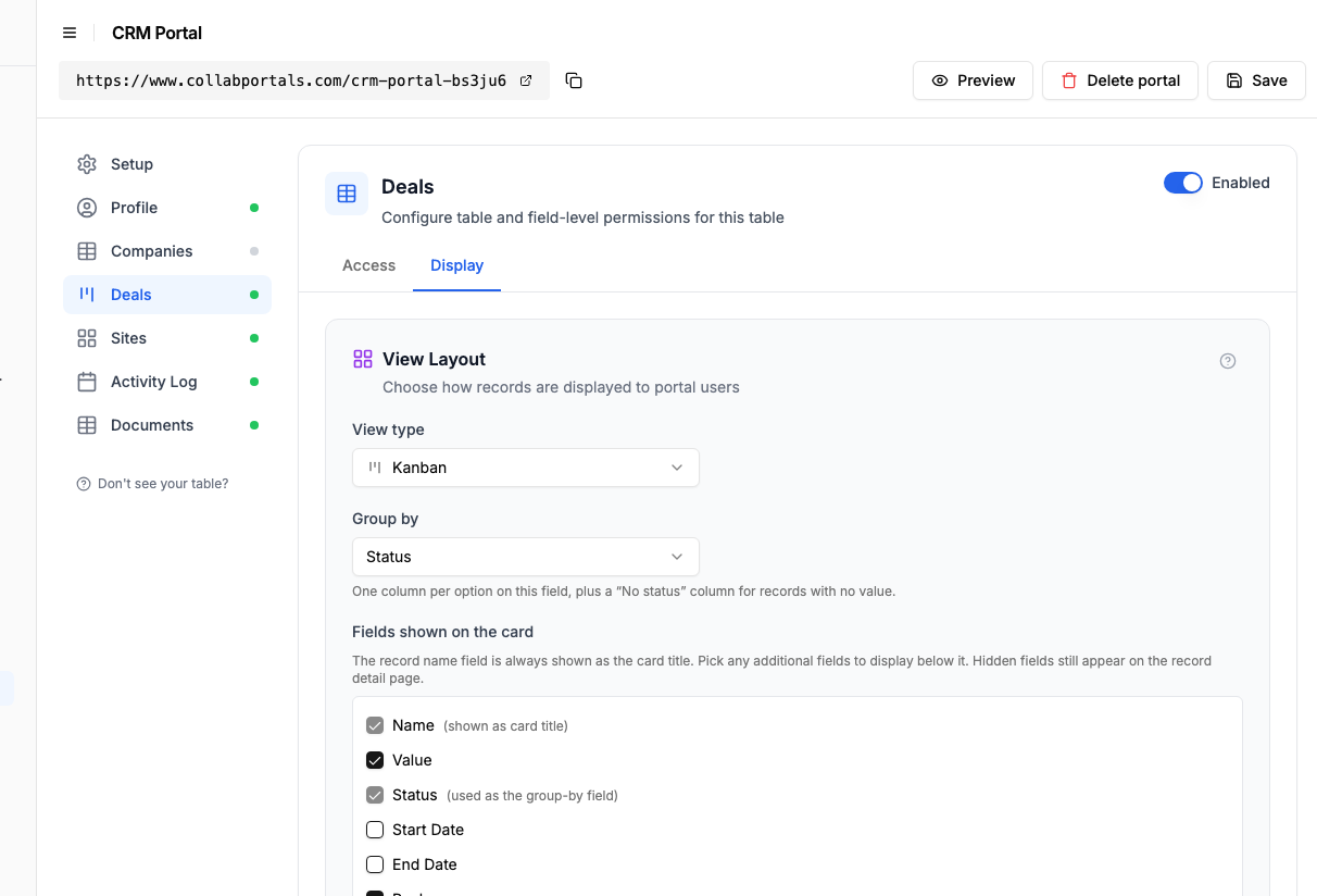 View layout settings showing the Deals table set to a kanban grouped by stage