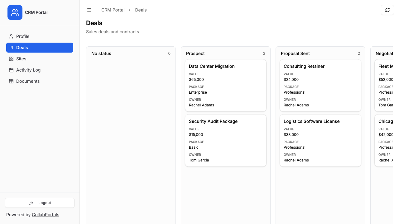 The deals board in the portal, shown as a kanban grouped by stage