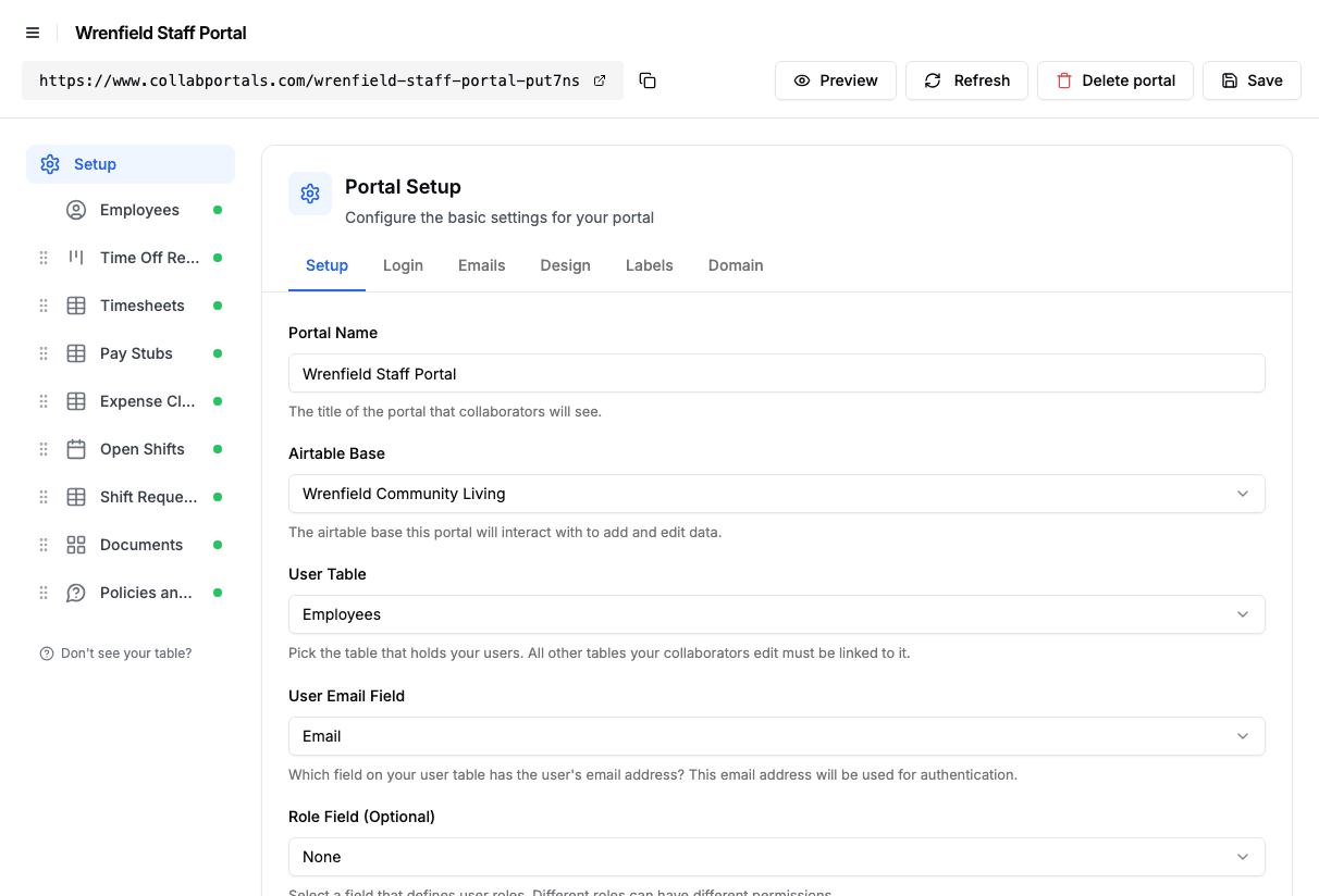 Portal setup screen with the employee HR base and the Employees user table selected