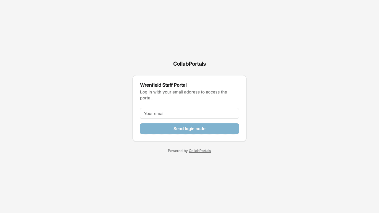 The staff portal login screen asking for an email address to receive a login code