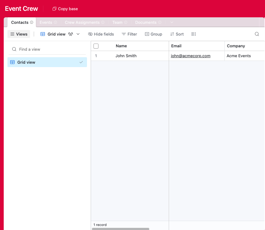 The Event Crew Airtable base with tables for events, crew assignments, team, documents and contacts