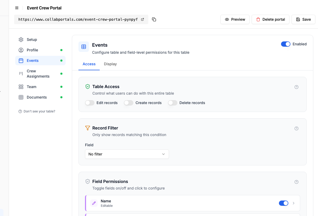 Access and field settings for the Events table with internal fields hidden