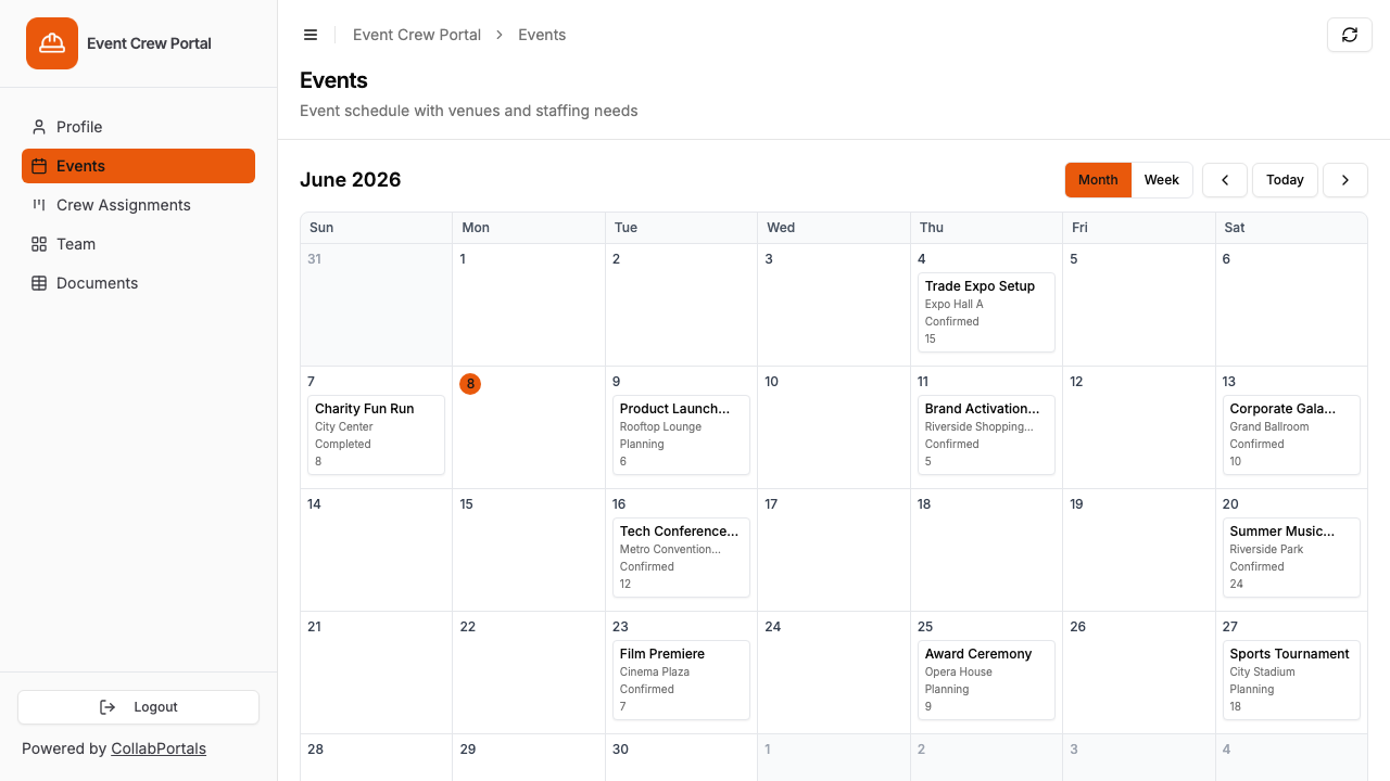 The events schedule in the portal, shown as a monthly calendar