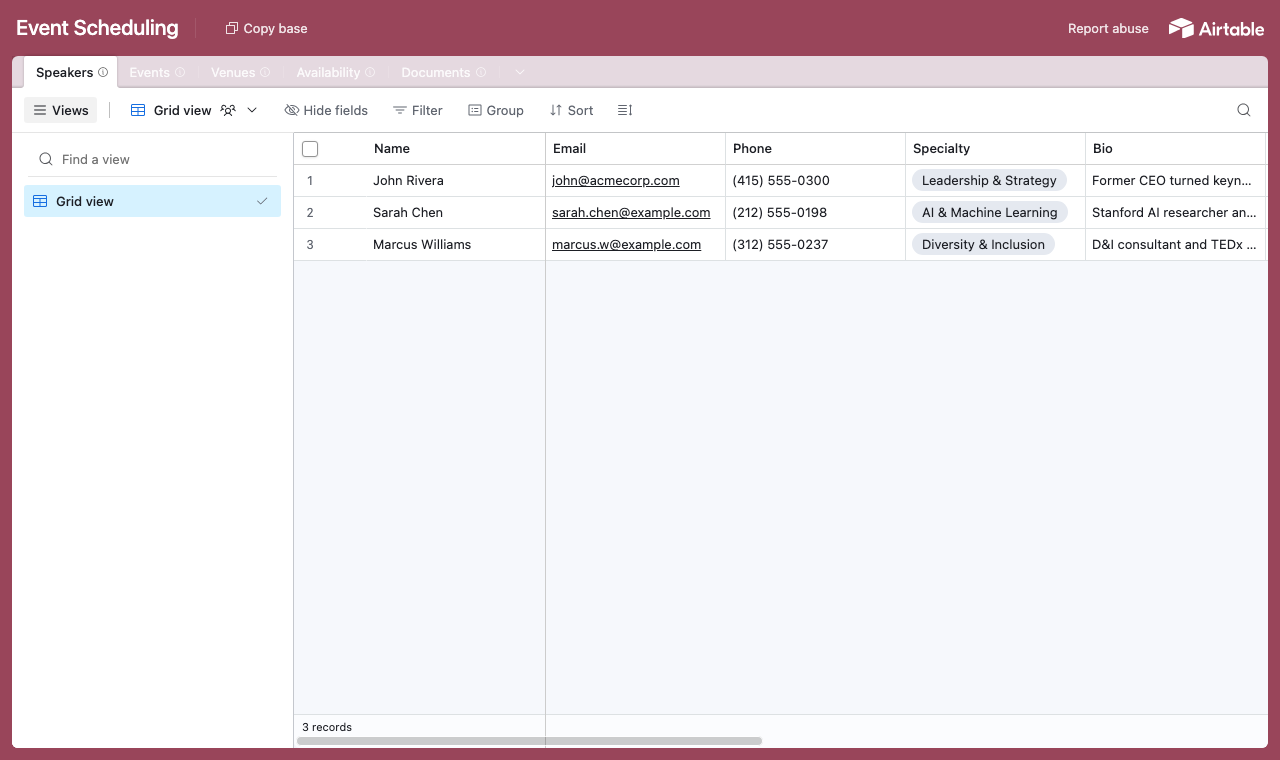 The Event Scheduling Airtable base with tables for events, venues, availability, documents and speakers