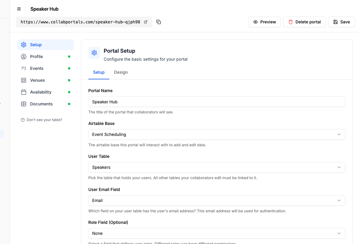 Portal setup screen with the Event Scheduling base and the Speakers user table selected