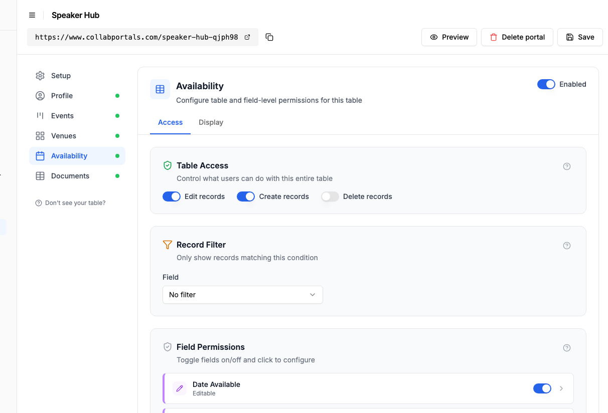 Access settings for the Availability table with create and edit enabled