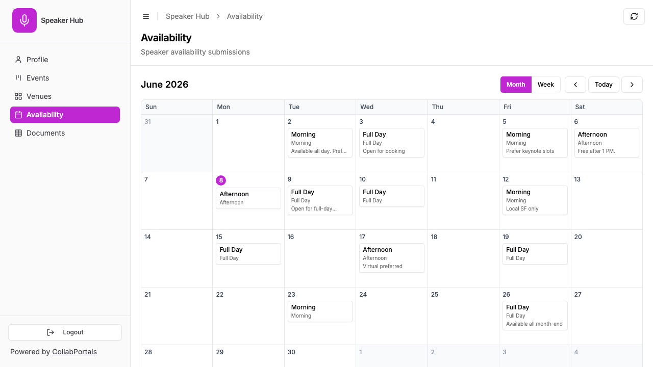 The availability calendar in the portal, with slots on each day