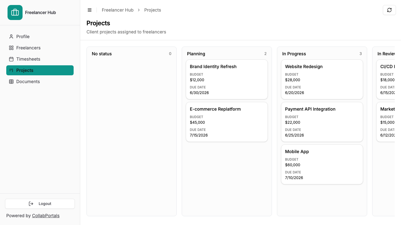 The projects board in the portal, shown as a kanban grouped by status