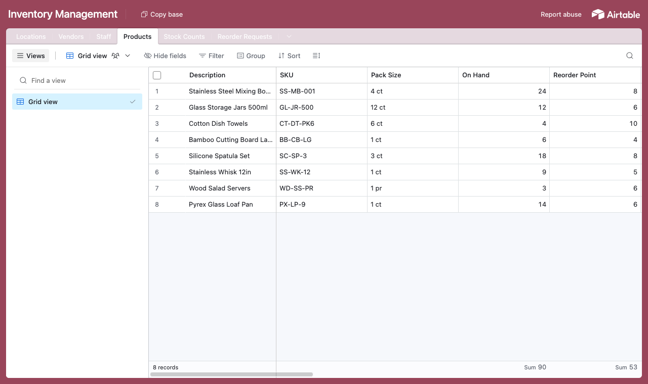The Inventory Management Airtable base with a Products table alongside stock counts and reorder requests