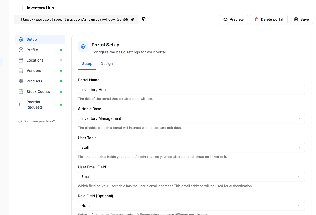 Portal setup screen with the Inventory Management base and the Staff user table selected