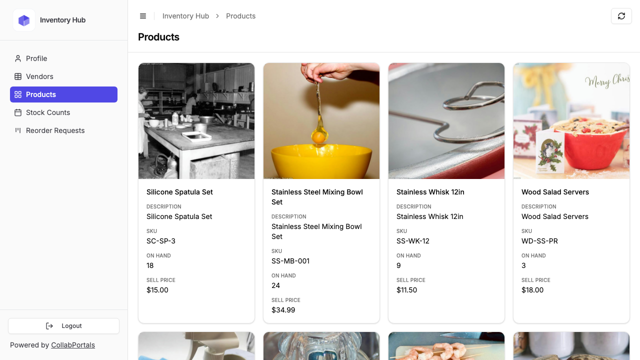 The products gallery in the portal, showing each item with a photo, on-hand and sell price