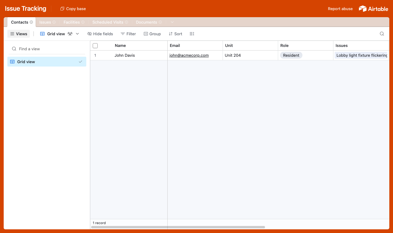 The Issue Tracking Airtable base with tables for issues, facilities, scheduled visits, documents and contacts
