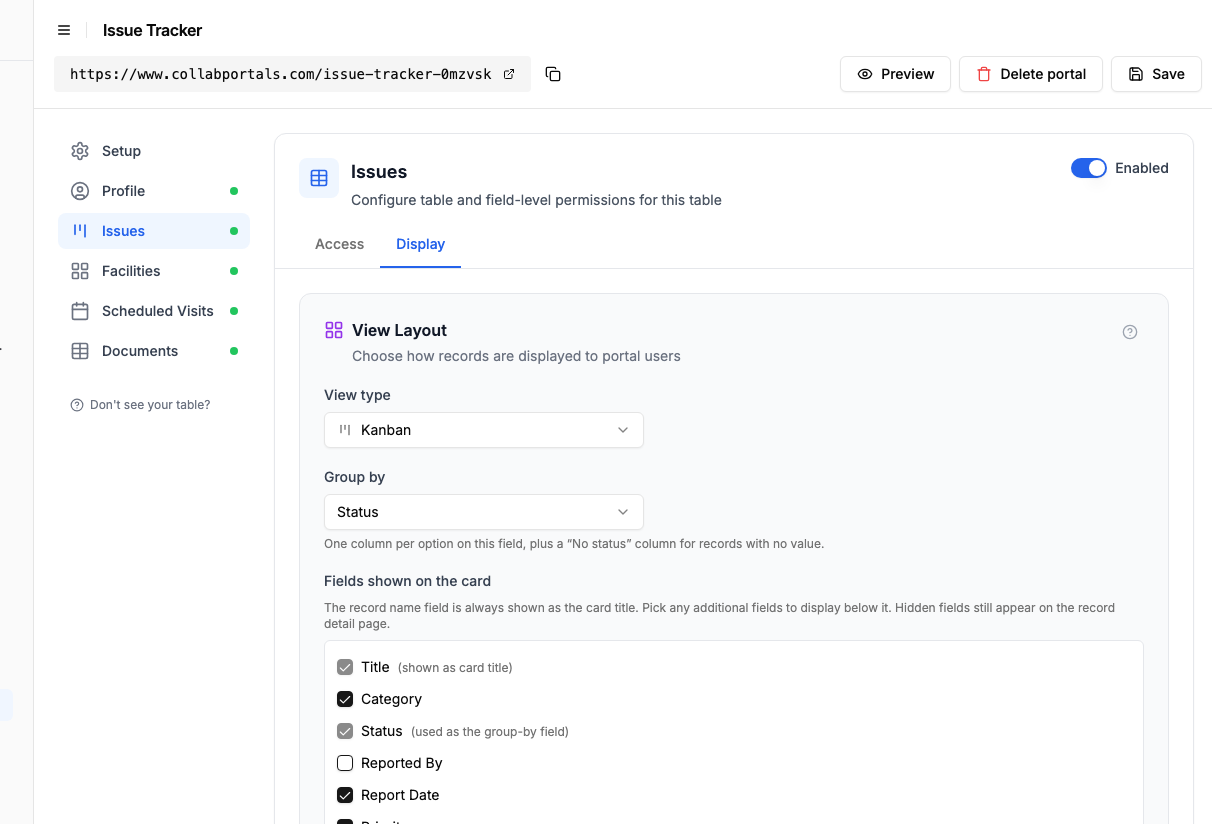 View layout settings showing the Issues table set to a kanban grouped by status