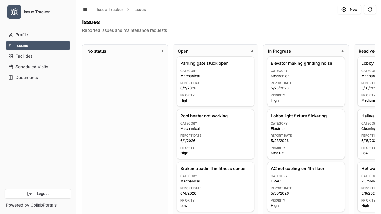 The issues board in the portal, shown as a kanban grouped by status