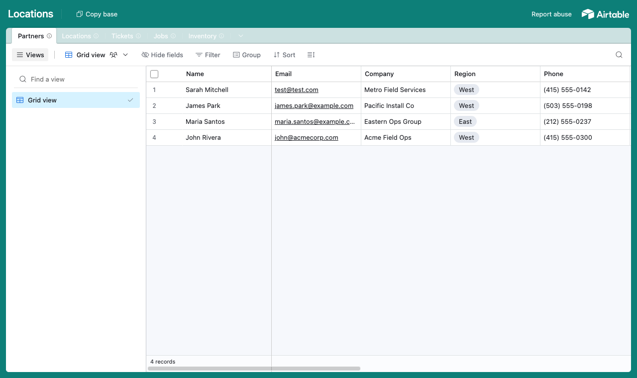 The Locations Airtable base with tables for locations, tickets, jobs, inventory and partners