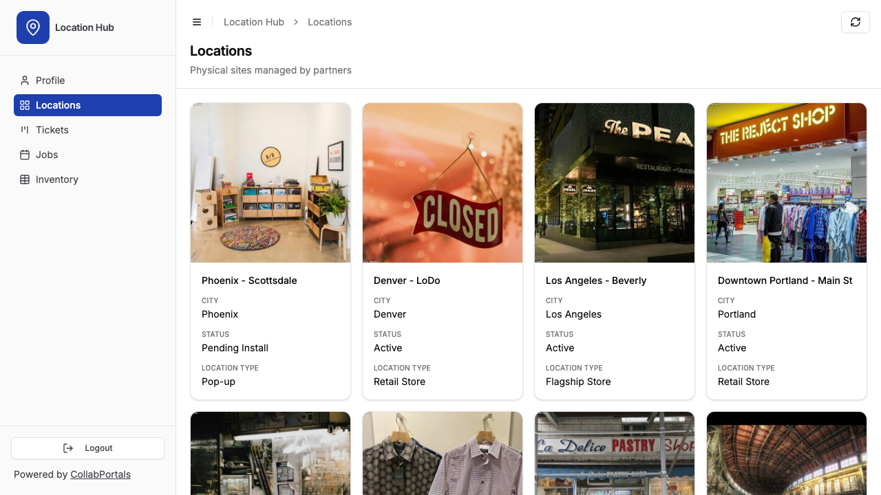 The locations gallery in the portal, with a photo of each site