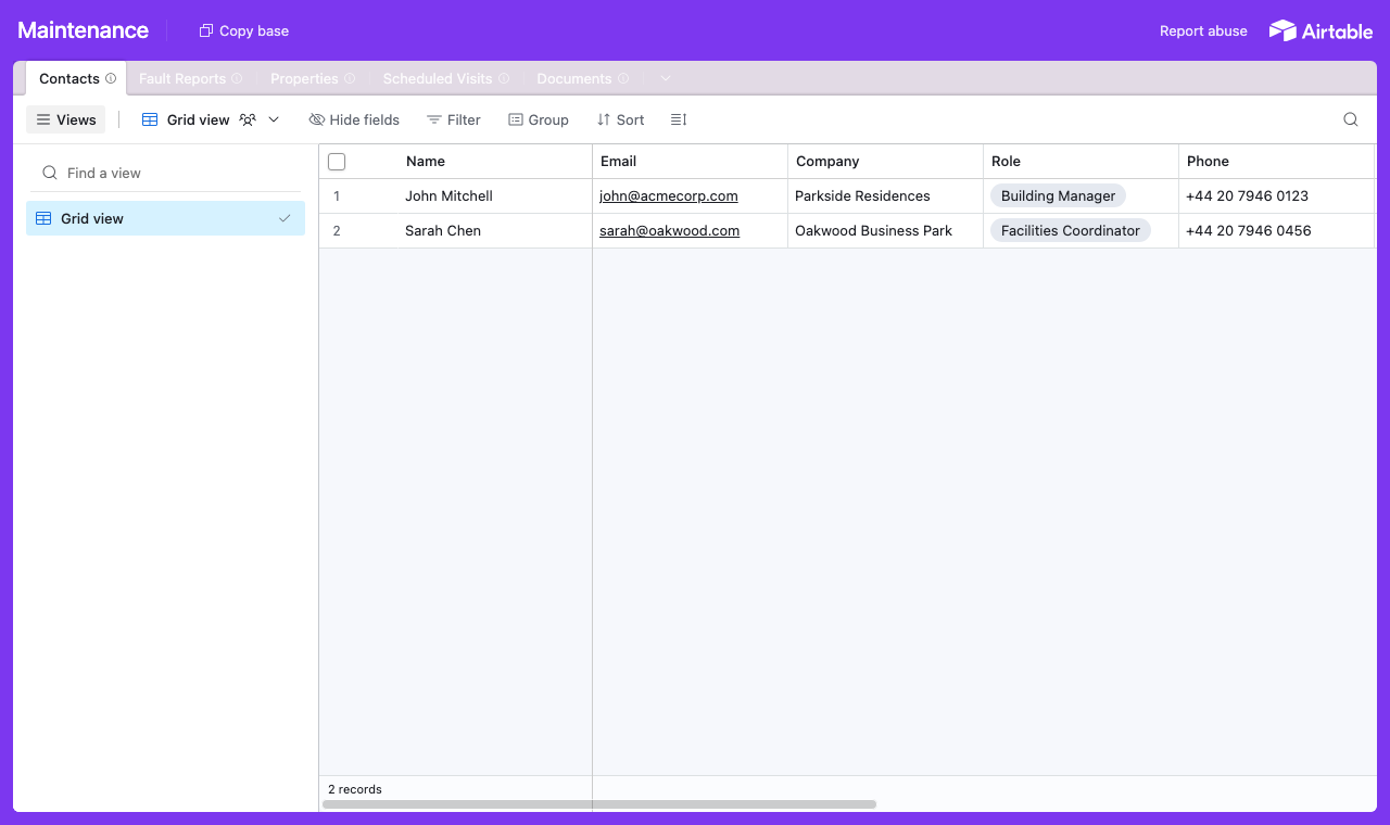 The Maintenance Airtable base with tables for fault reports, properties, scheduled visits, documents and contacts