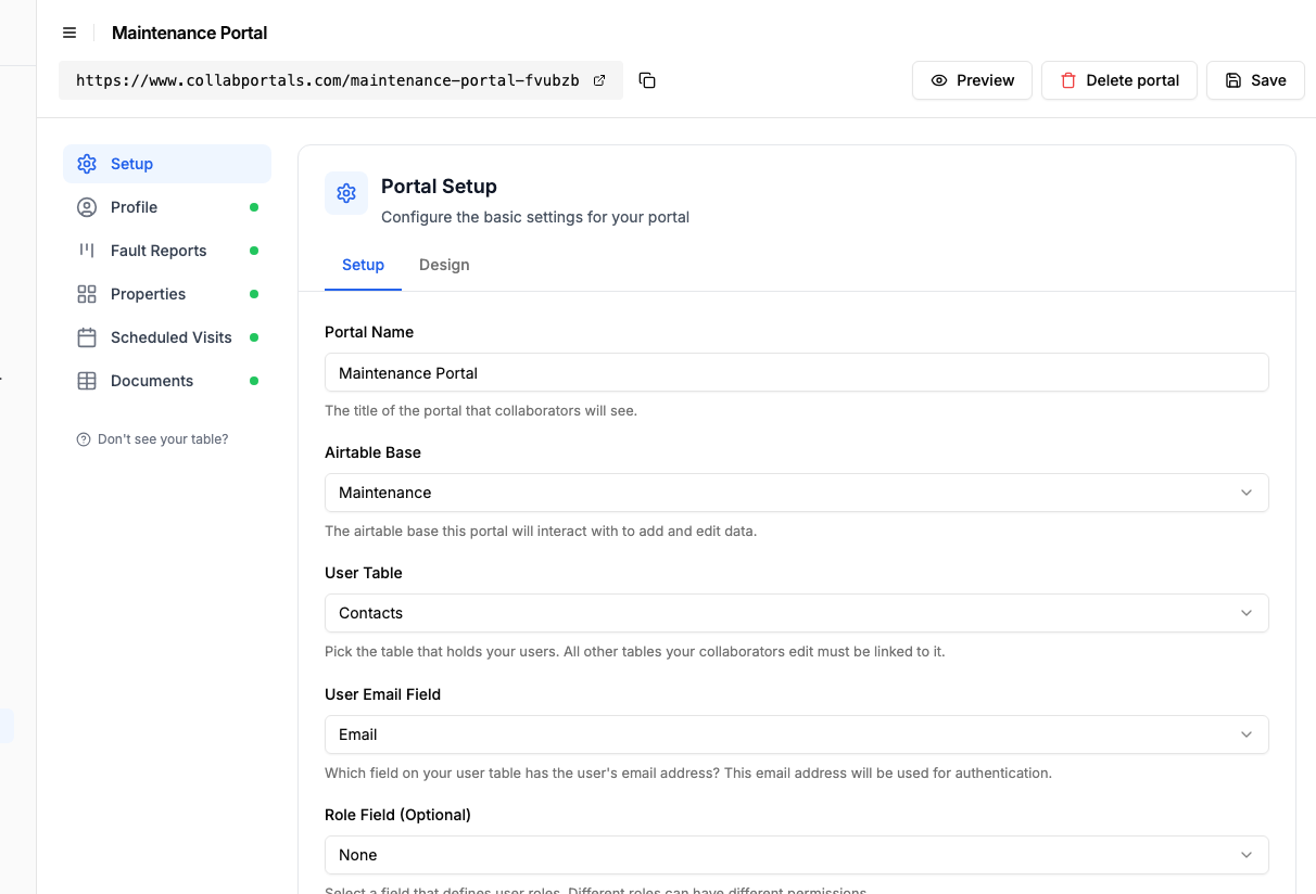 Portal setup screen with the Maintenance base and the Contacts user table selected