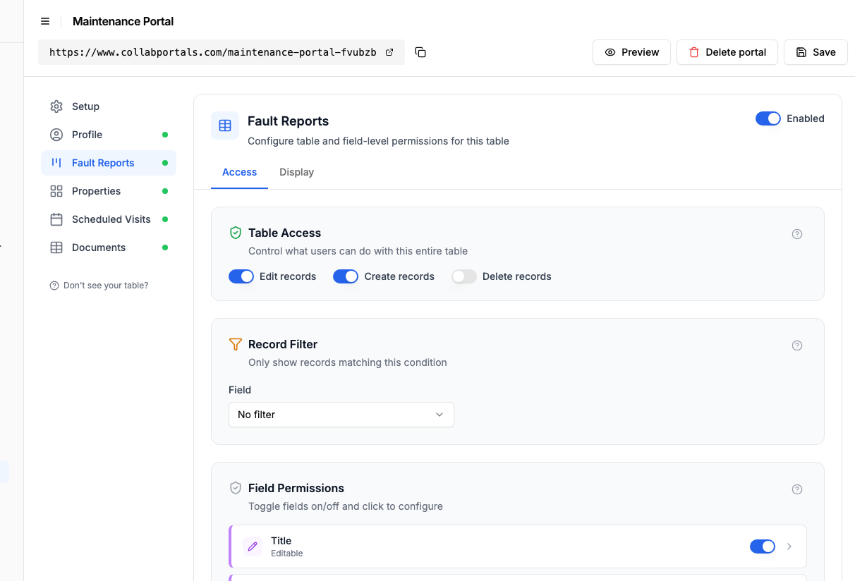 Access settings for the Fault Reports table with create and edit enabled and delete off