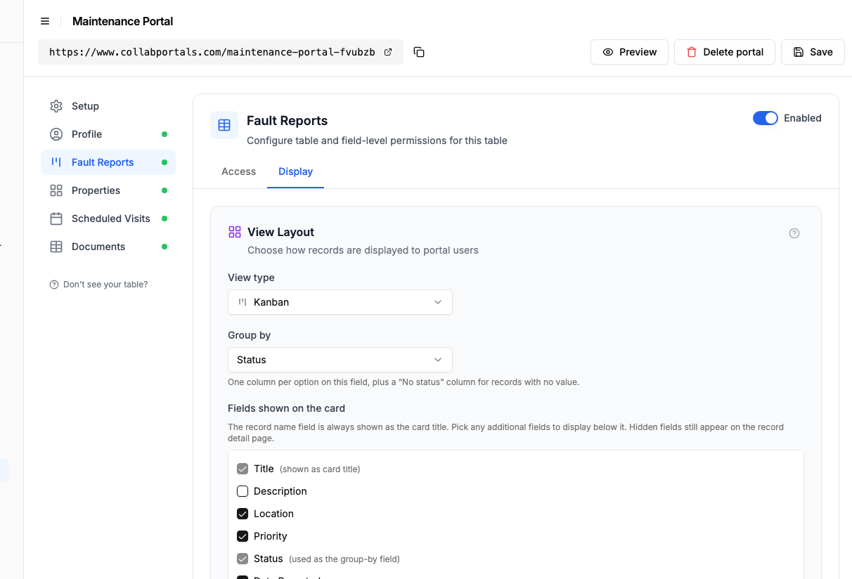View layout settings showing the Fault Reports table set to a kanban grouped by status