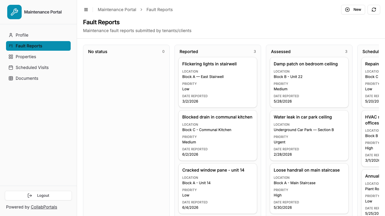 The fault reports board in the portal, shown as a kanban grouped by status