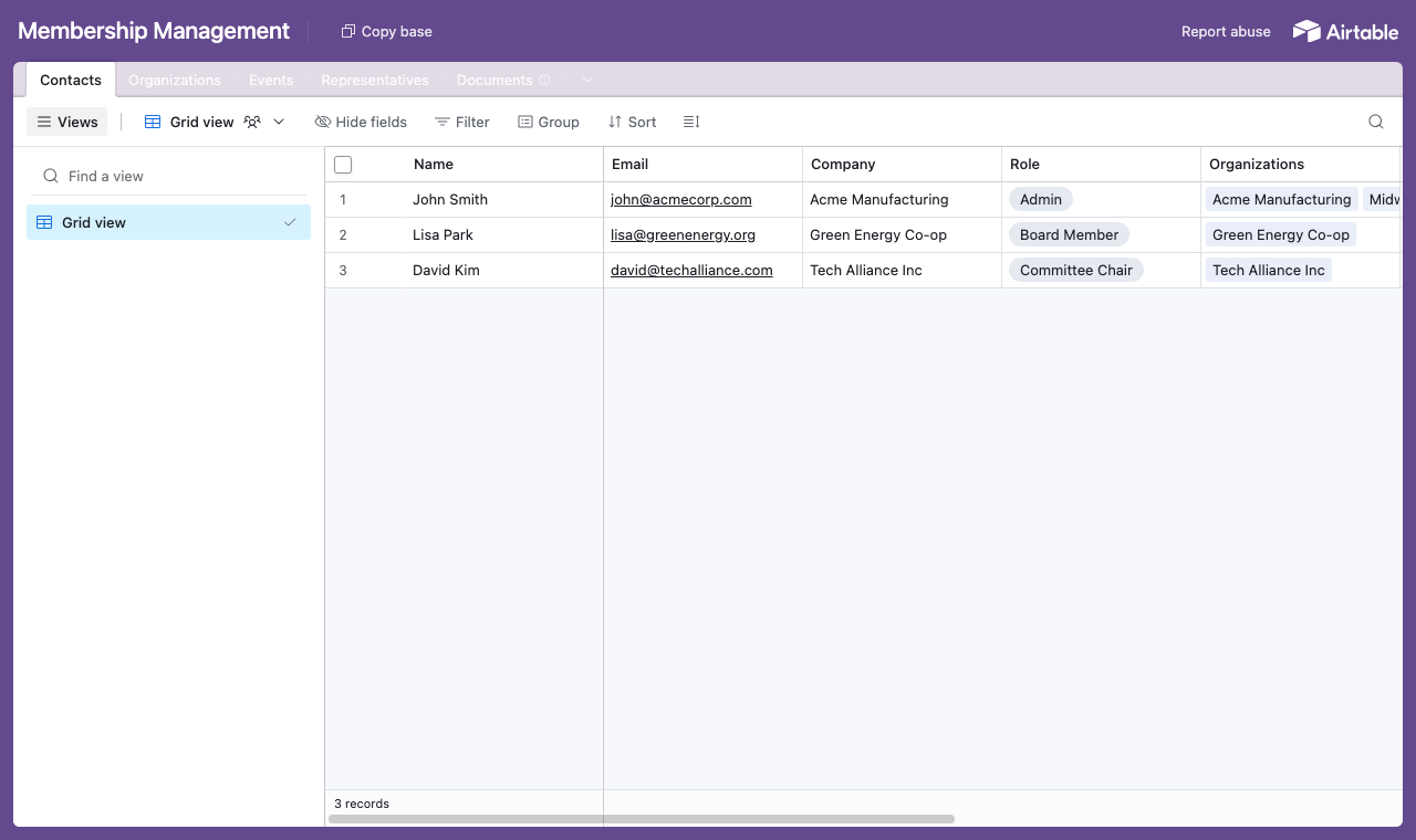 The Membership Management Airtable base with tables for organizations, events, representatives, documents and contacts