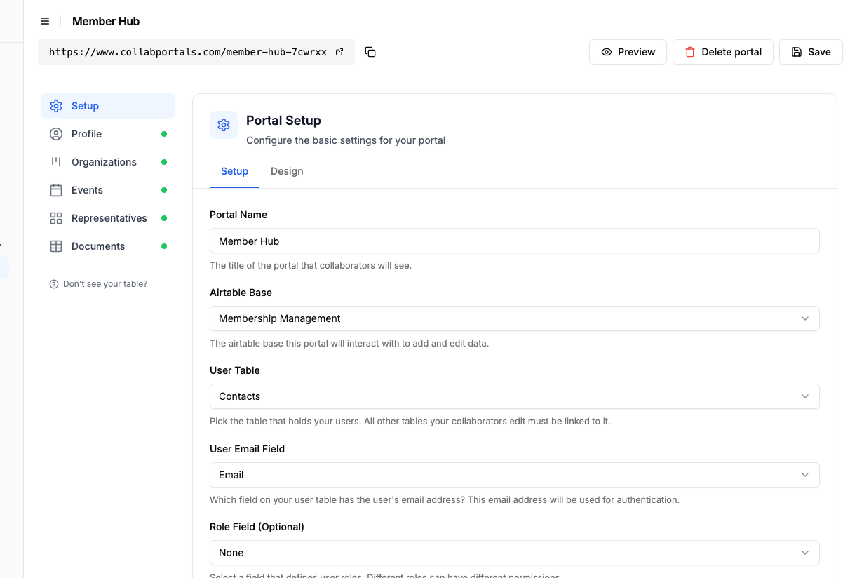 Portal setup screen with the Membership Management base and the Contacts user table selected
