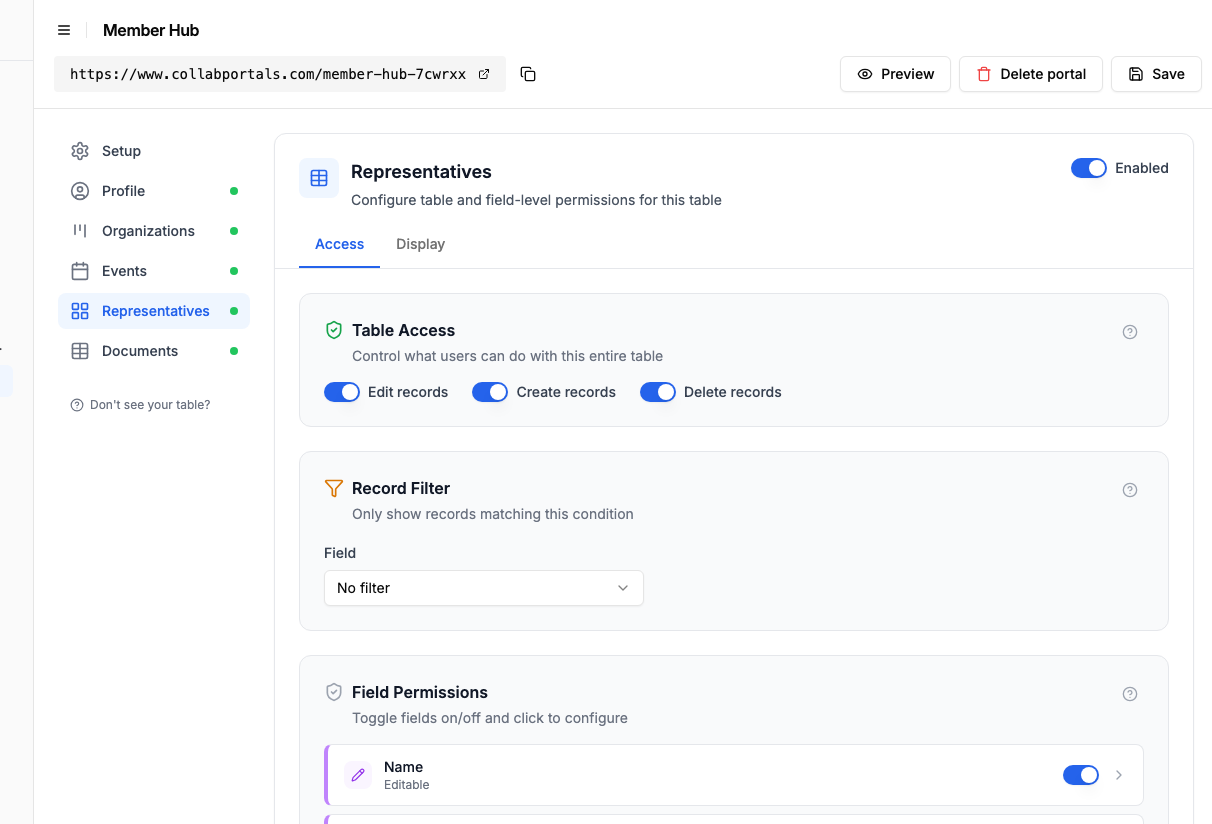 Access settings for the Representatives table with create, edit and delete enabled