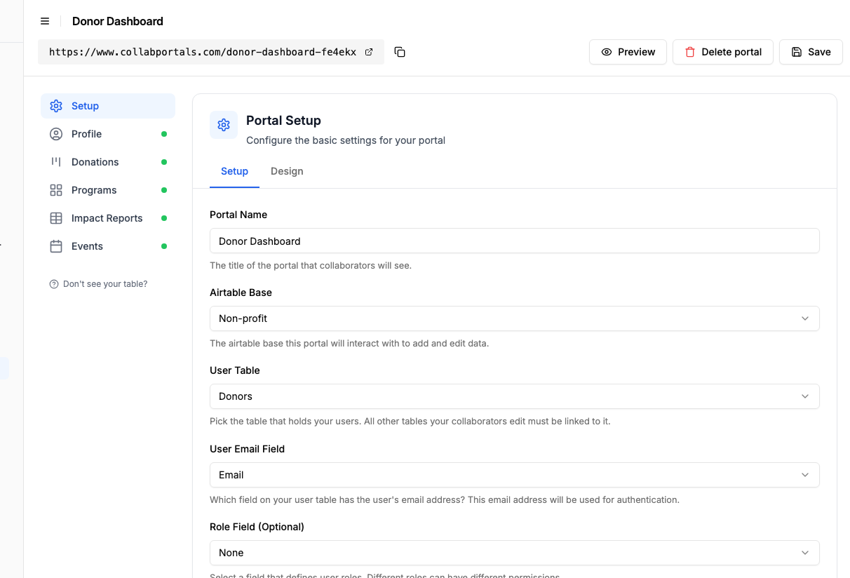 Portal setup screen with the Non-profit base and the Donors user table selected