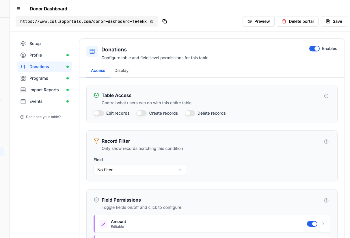Access and field settings for the Donations table with internal fields hidden